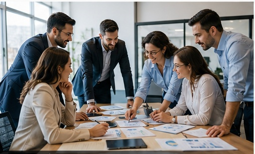 Equipo de consultoría revisando servicios administrativos y planes de trabajo